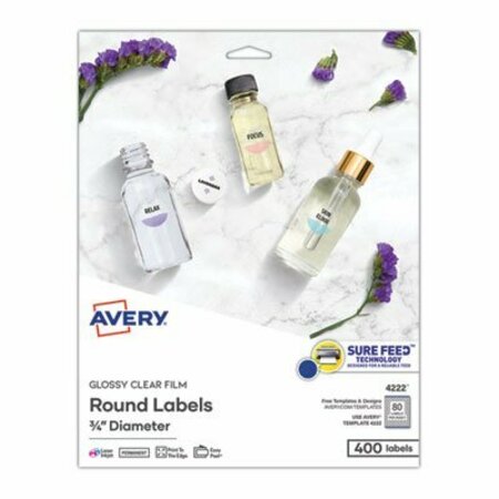 AVERY DENNISON Avery, PRINTABLE SELF-ADHESIVE PERMANENT ID LABELS W/SURE FEED, 3/4in DIA, CLEAR, 400PK 4222